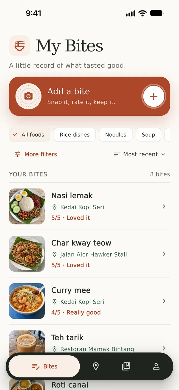 The My Bites screen has an Add a bite button above a list of nasi lemak, char kway teow, curry mee, and teh tarik, each with a photo, a place, and a food rating.