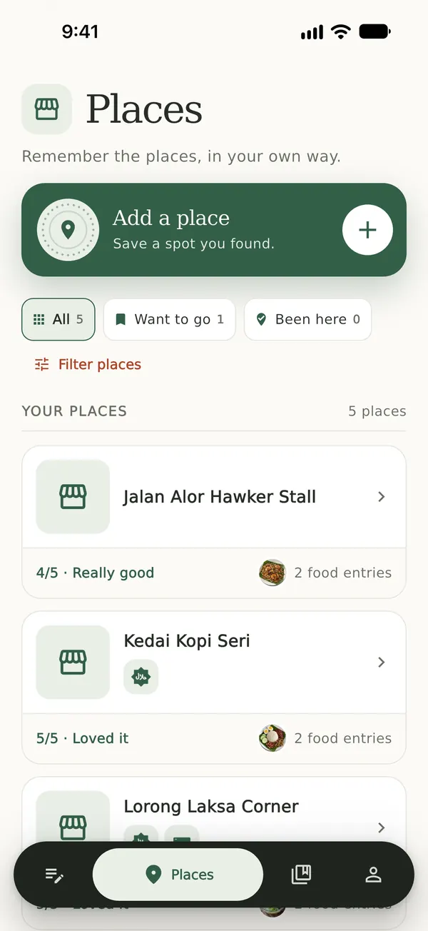 The Places screen lists hawker stalls and coffee shops with place ratings and a halal mark, and filters for Want to go and Been here.