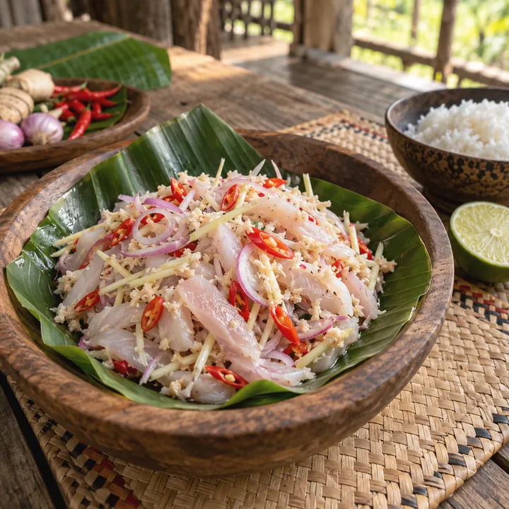 Hinava: raw fish cured in lime with chilli, shallots, and ginger, in a bowl lined with banana leaf.