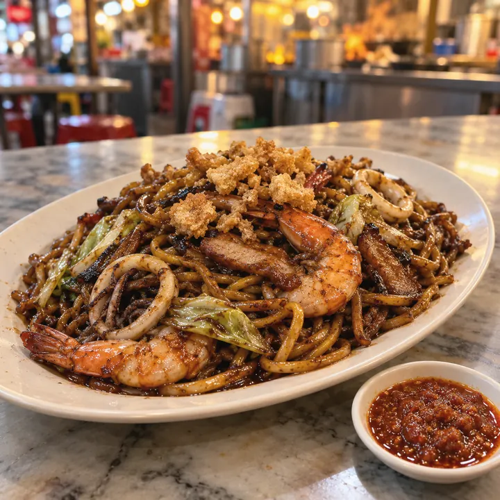 KL Hokkien mee: thick noodles in dark soy sauce with prawns, pork, and crispy lard.
