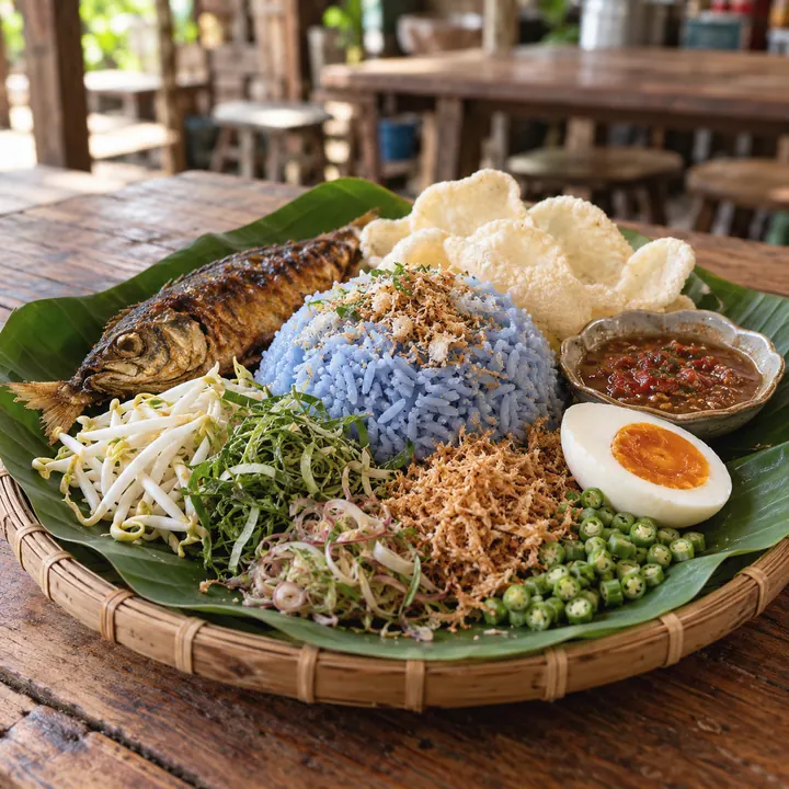 Blue nasi kerabu with shredded herbs, kerisik, fried fish, salted egg, and keropok.
