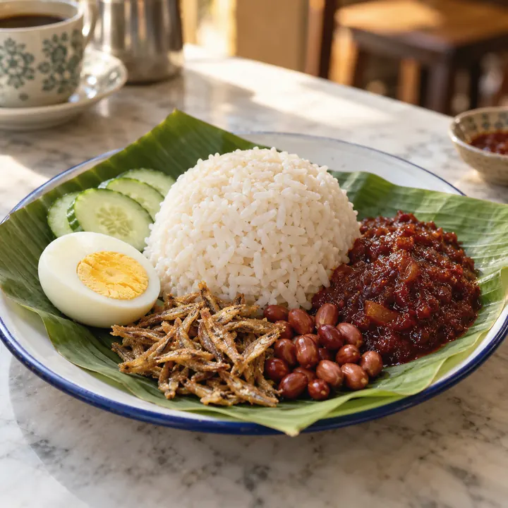 Nasi lemak on banana leaf with sambal, a boiled egg, cucumber, peanuts, and ikan bilis.