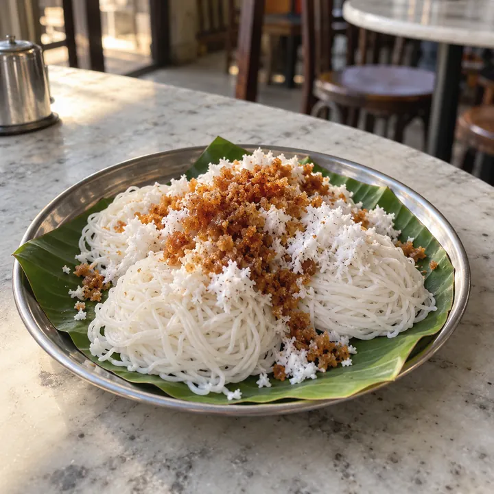 Putu mayam string hoppers with grated coconut and brown sugar on banana leaf.